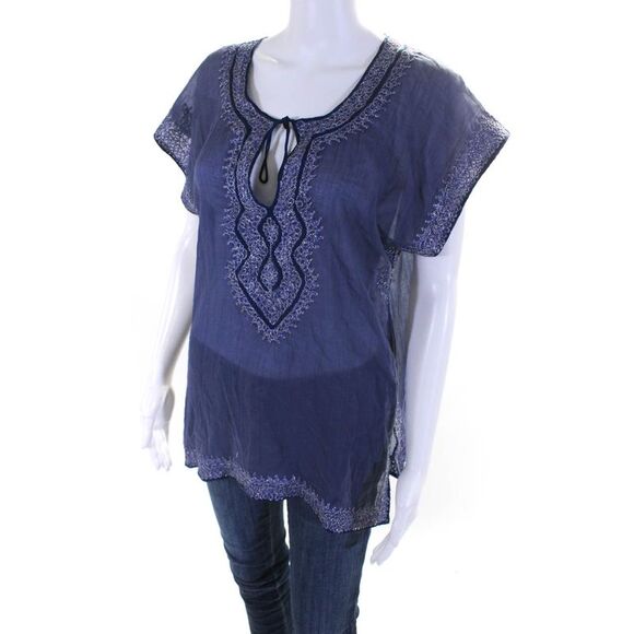 Calypso Saint Barth Womens Embroidered Tunic Blouse Blue  Cotton Size Medium - Picture 2 of 10